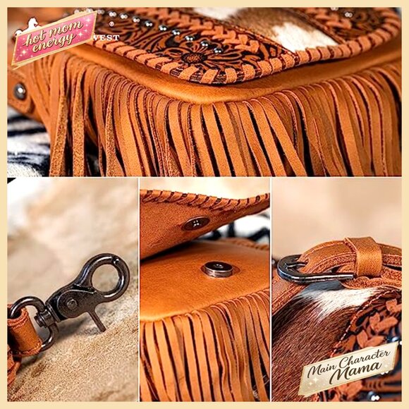 Small Crossbody Bag with Fringe, Hair-On Cowhide, Adjustable Strap - Picture 5 of 6